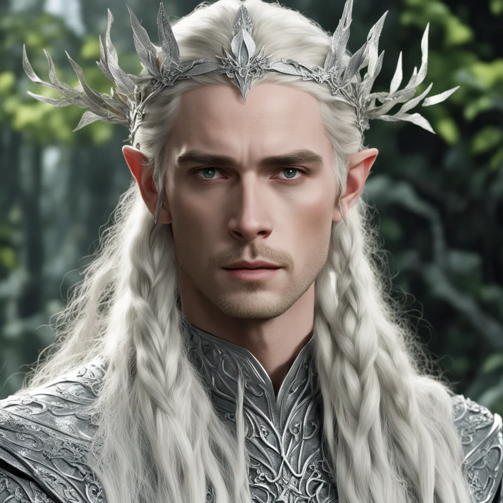 king thranduil with blond hair and braids wearing silver ivy leaves silver elvish circlet encrusted with diamonds and large center diamond confident engaging wow artstation art 3
