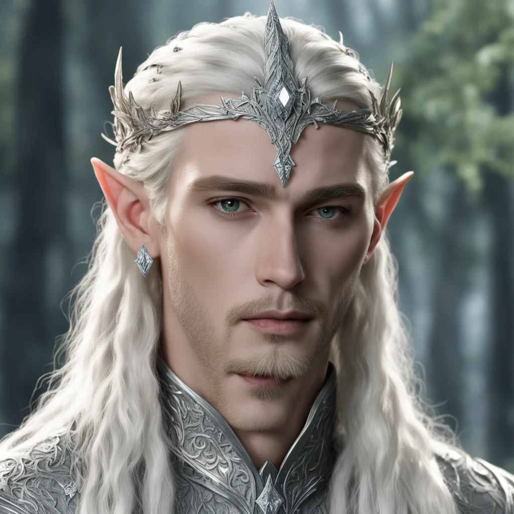 aiking thranduil with blond hair and braids wearing silver ivy leaves silver elvish circlet encrusted with diamonds and large center diamond good looking trending fantastic 1