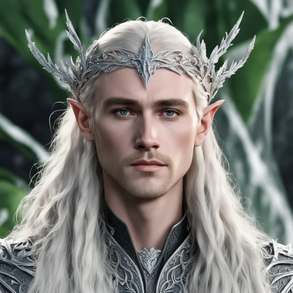 aiking thranduil with blond hair and braids wearing silver ivy leaves silver elvish circlet encrusted with diamonds and large center diamond
