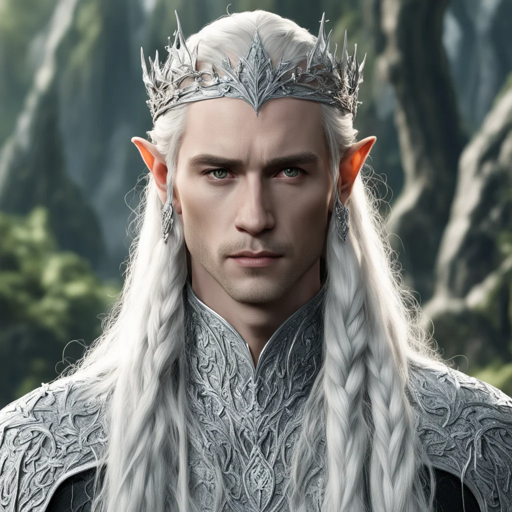 aiking thranduil with blond hair and braids wearing silver ivy on silver elvish circlet encrusted with diamonds with large center diamond  amazing awesome portrait 2
