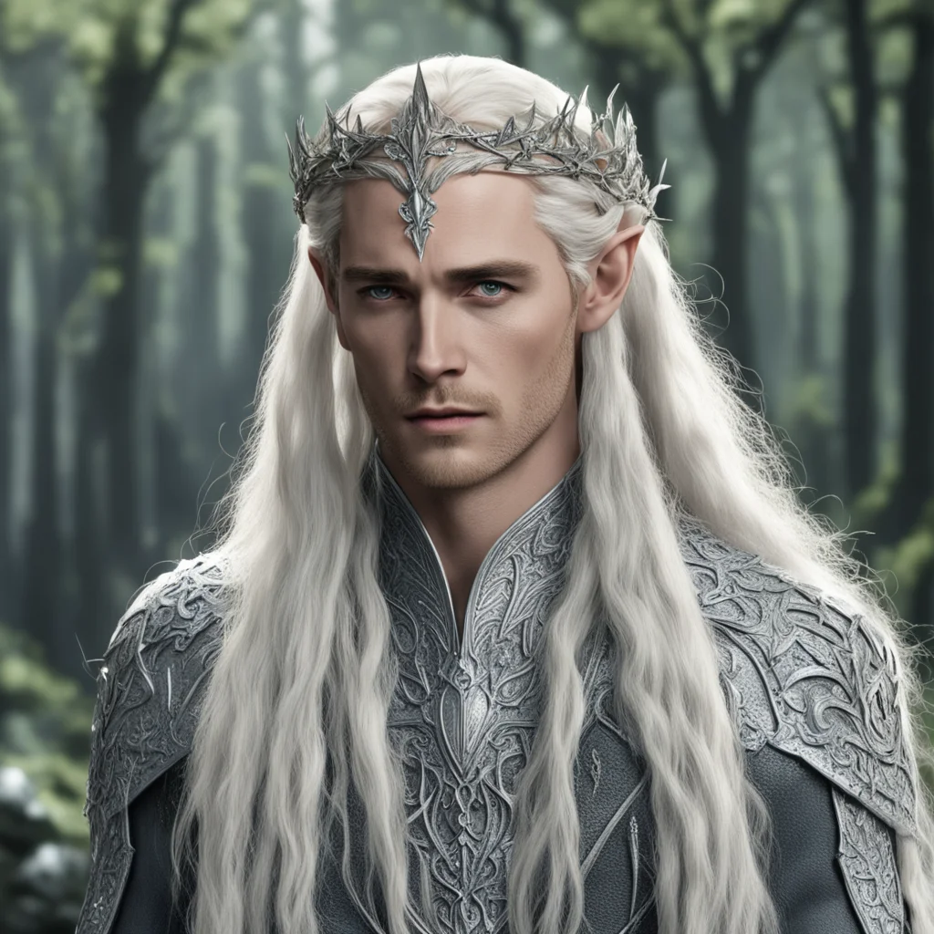 aiking thranduil with blond hair and braids wearing silver ivy on silver elvish circlet encrusted with diamonds with large center diamond  good looking trending fantastic 1