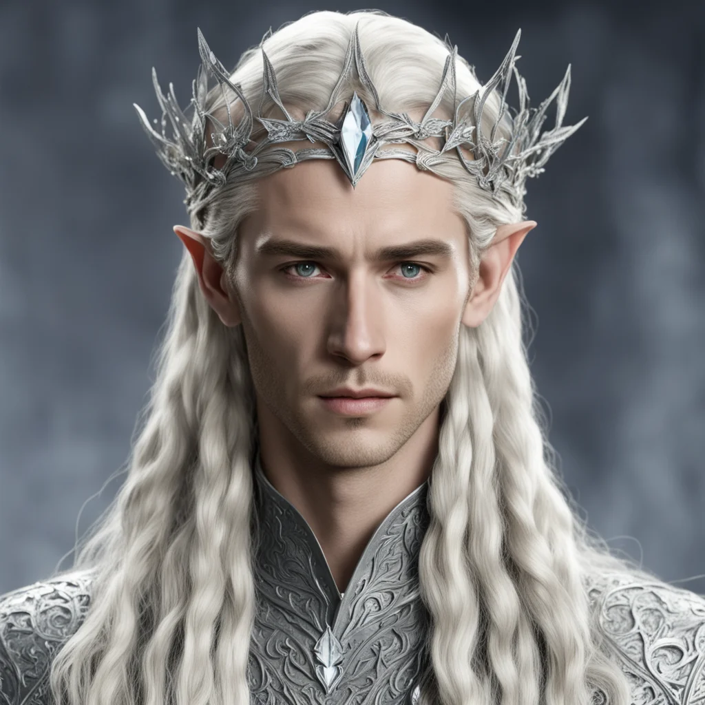 king thranduil with blond hair and braids wearing silver ivy on silver elvish circlet encrusted with diamonds with large center diamond 