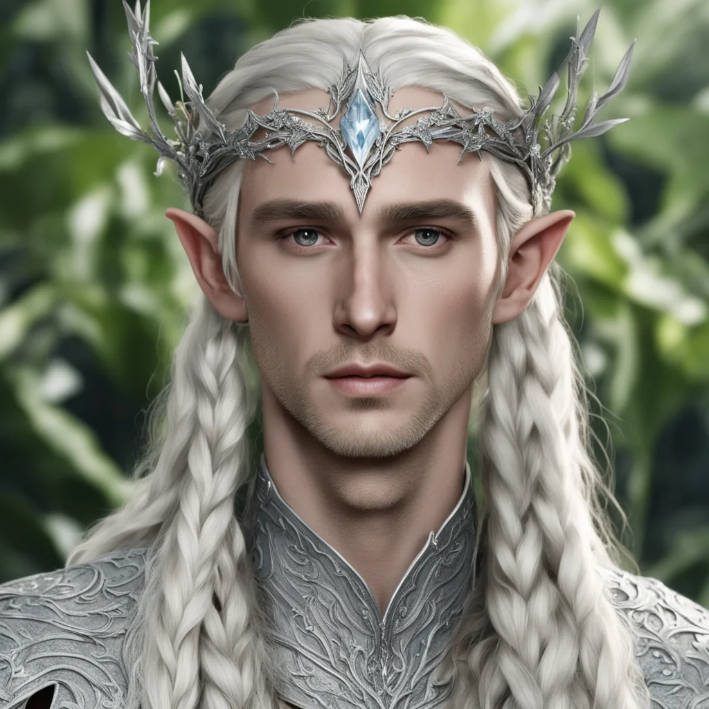 king thranduil with blond hair and braids wearing silver ivy vine silver elvish circlet encrusted with diamonds with large diamond in the center amazing awesome portrait 2