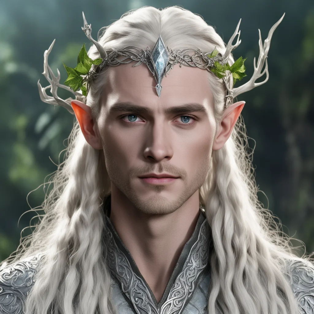 aiking thranduil with blond hair and braids wearing silver ivy vine silver elvish circlet encrusted with diamonds with large diamond in the center confident engaging wow artstation art 3