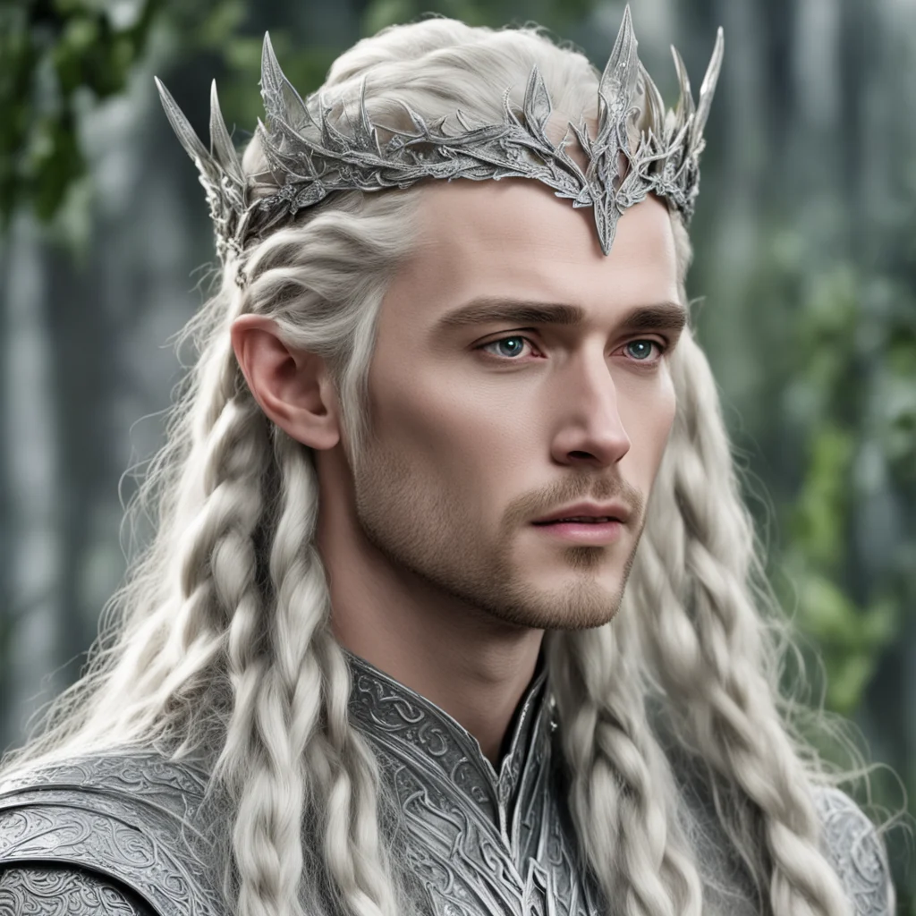 aiking thranduil with blond hair and braids wearing silver ivy vine silver elvish circlet encrusted with diamonds with large diamond in the center good looking trending fantastic 1