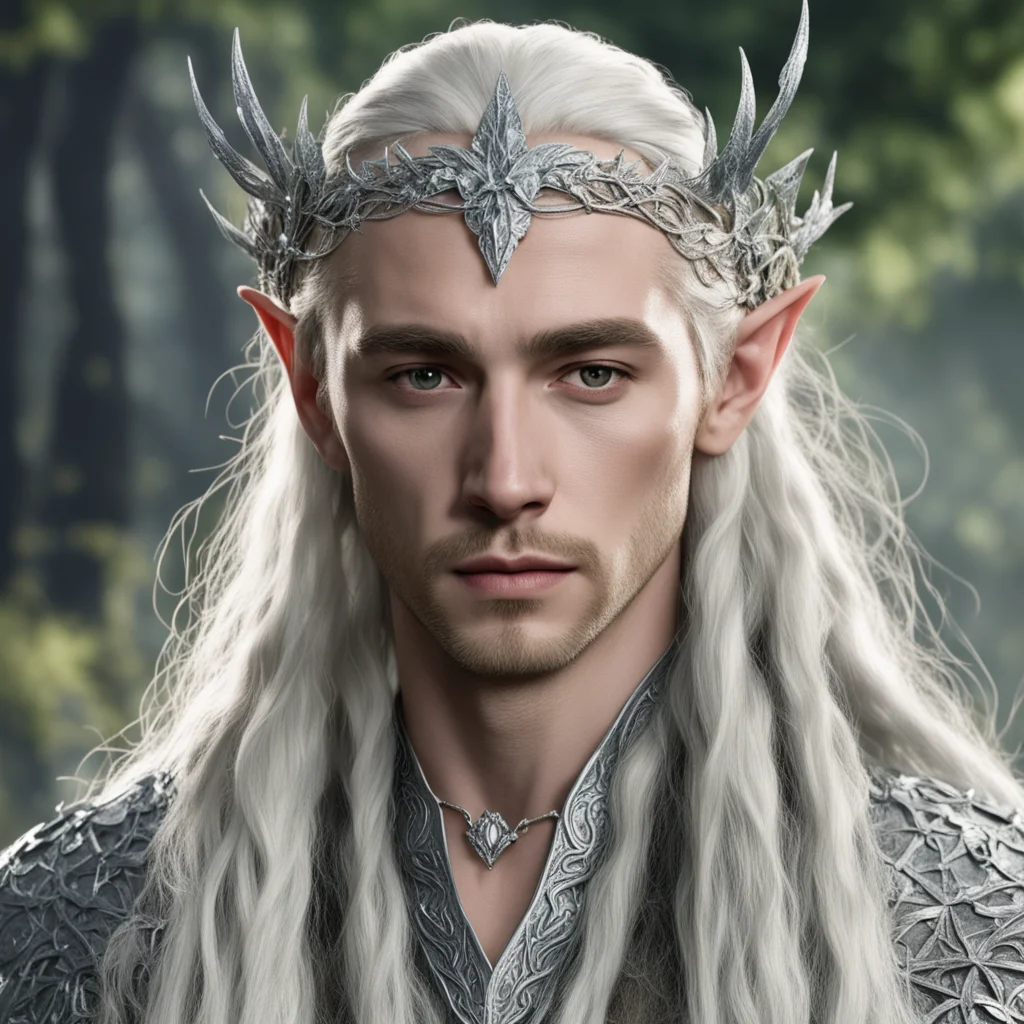 aiking thranduil with blond hair and braids wearing silver ivy vine silver elvish circlet encrusted with diamonds with large diamond in the center