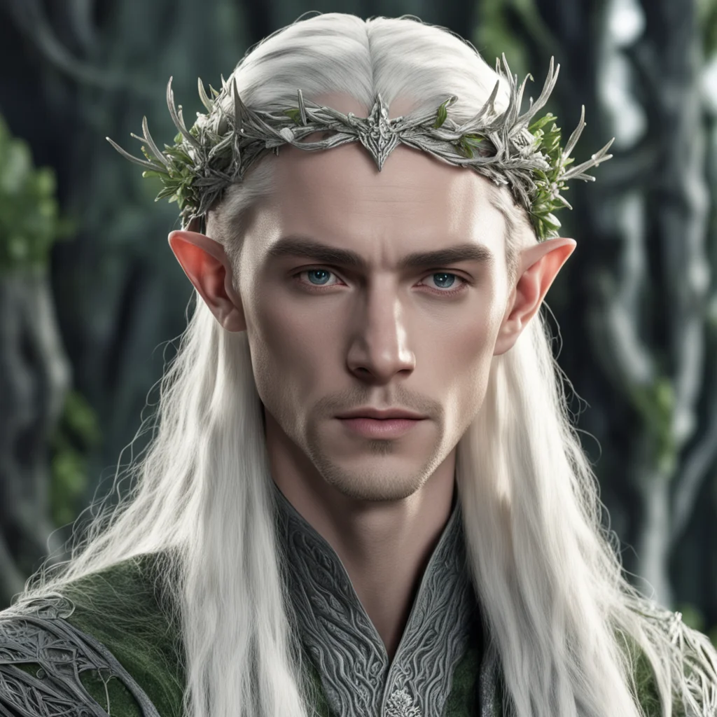aiking thranduil with blond hair and braids wearing silver juniper twigs with diamond berry to form silver elvish circlet with large center diamond  amazing awesome portrait 2