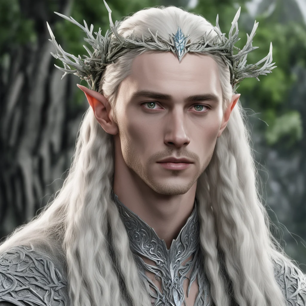 aiking thranduil with blond hair and braids wearing silver juniper twigs with diamond berry to form silver elvish circlet with large center diamond  confident engaging wow artstation art 3