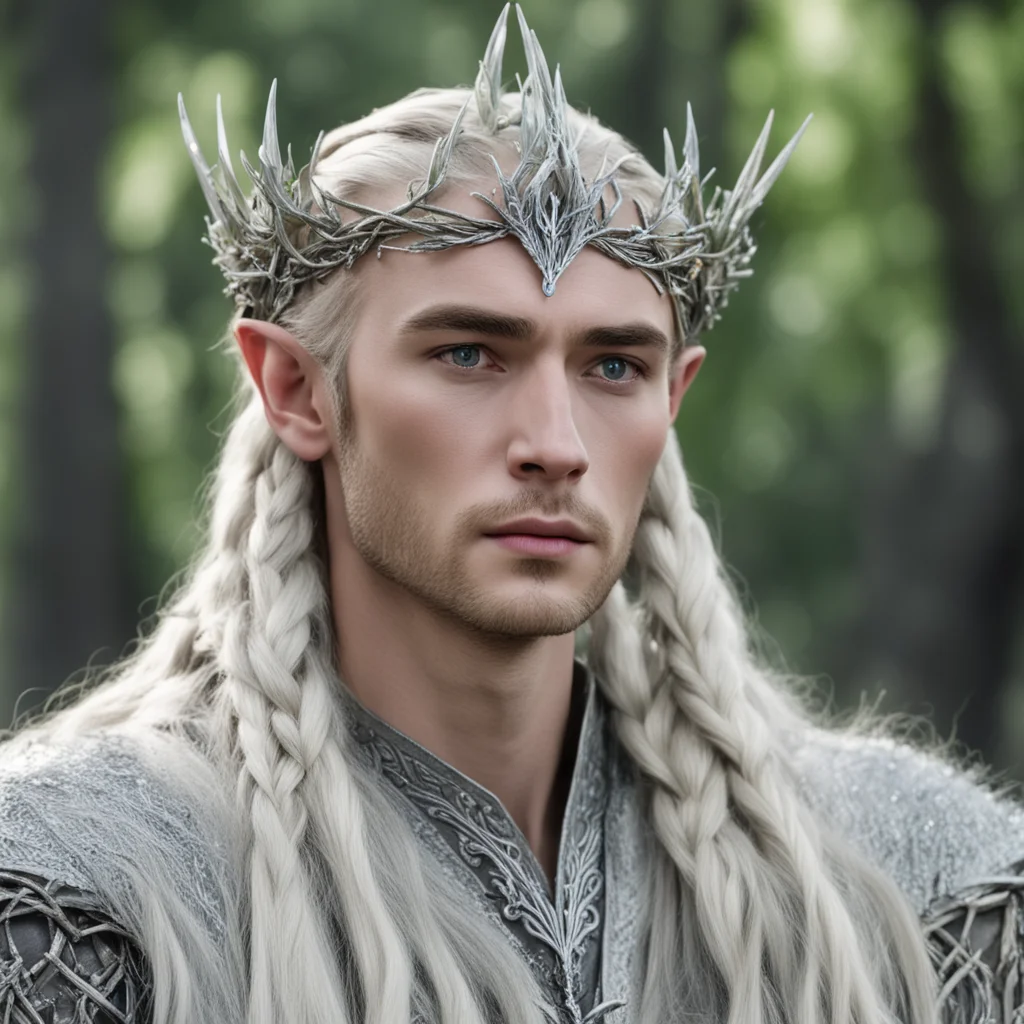 aiking thranduil with blond hair and braids wearing silver juniper twigs with diamond berry to form silver elvish circlet with large center diamond  good looking trending fantastic 1