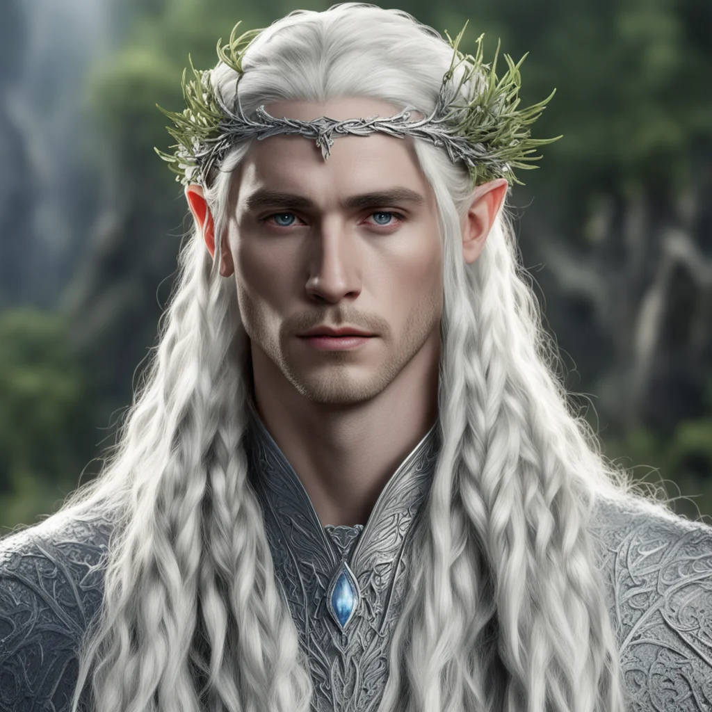 aiking thranduil with blond hair and braids wearing silver juniper twigs with diamond berry to form silver elvish circlet with large center diamond amazing awesome portrait 2