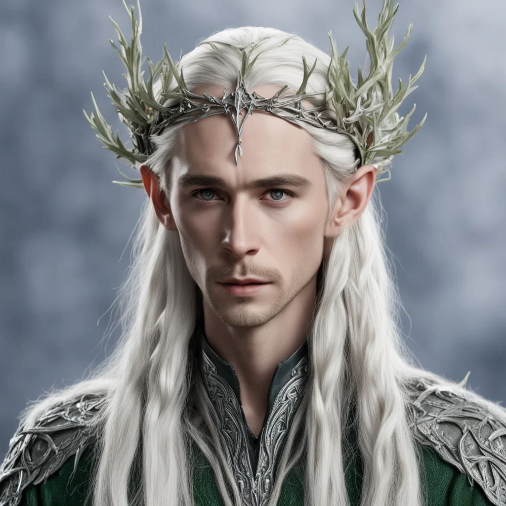 aiking thranduil with blond hair and braids wearing silver juniper twigs with diamond berry to form silver elvish circlet with large center diamond confident engaging wow artstation art 3