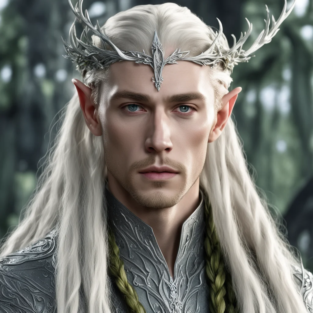 aiking thranduil with blond hair and braids wearing silver juniper twigs with diamond berry to form silver elvish circlet with large center diamond good looking trending fantastic 1