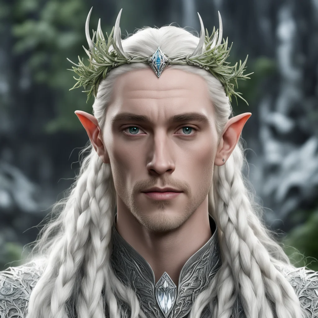 king thranduil with blond hair and braids wearing silver juniper twigs with diamond berry to form silver elvish circlet with large center diamond