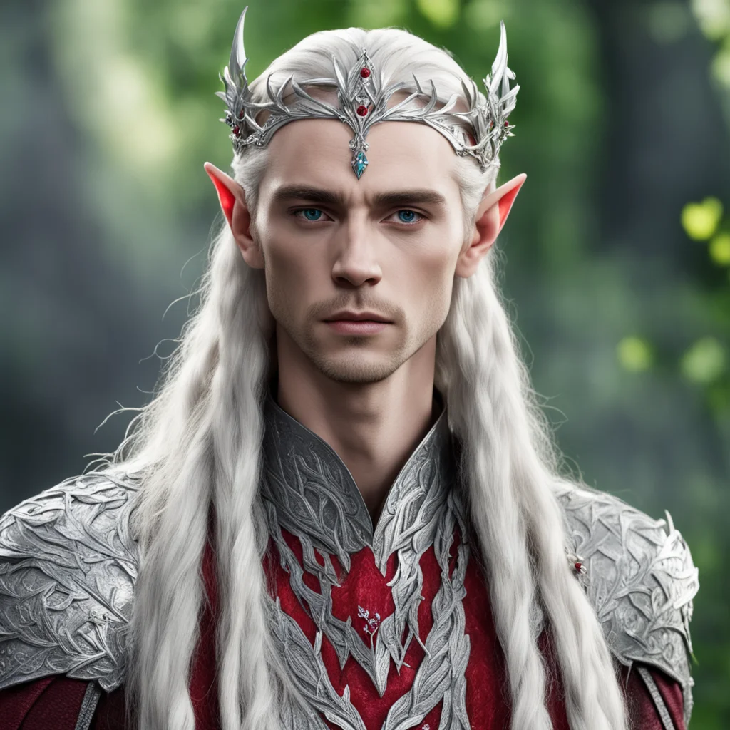 aiking thranduil with blond hair and braids wearing silver laurel and red diamond berry silver elvish circlet with large center diamond amazing awesome portrait 2
