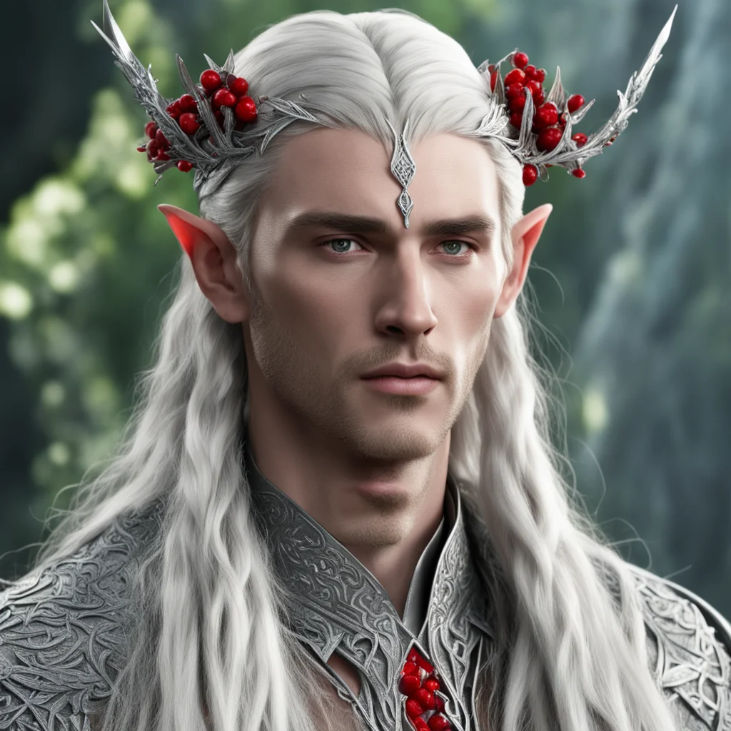 king thranduil with blond hair and braids wearing silver laurel and red diamond berry silver elvish circlet with large center diamond good looking trending fantastic 1