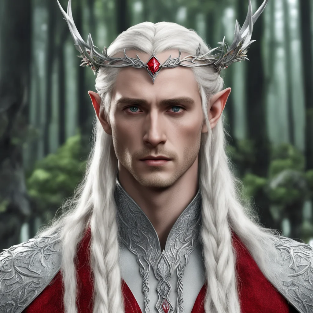 aiking thranduil with blond hair and braids wearing silver laurel and red diamond berry silver elvish circlet with large center diamond