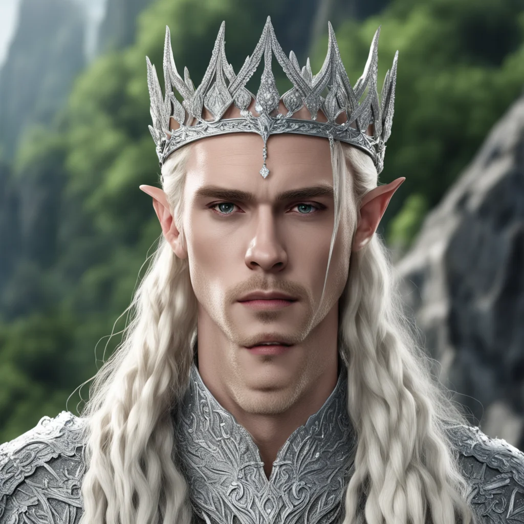 aiking thranduil with blond hair and braids wearing silver laurel circlet encrusted with diamonds and large diamond clusters amazing awesome portrait 2