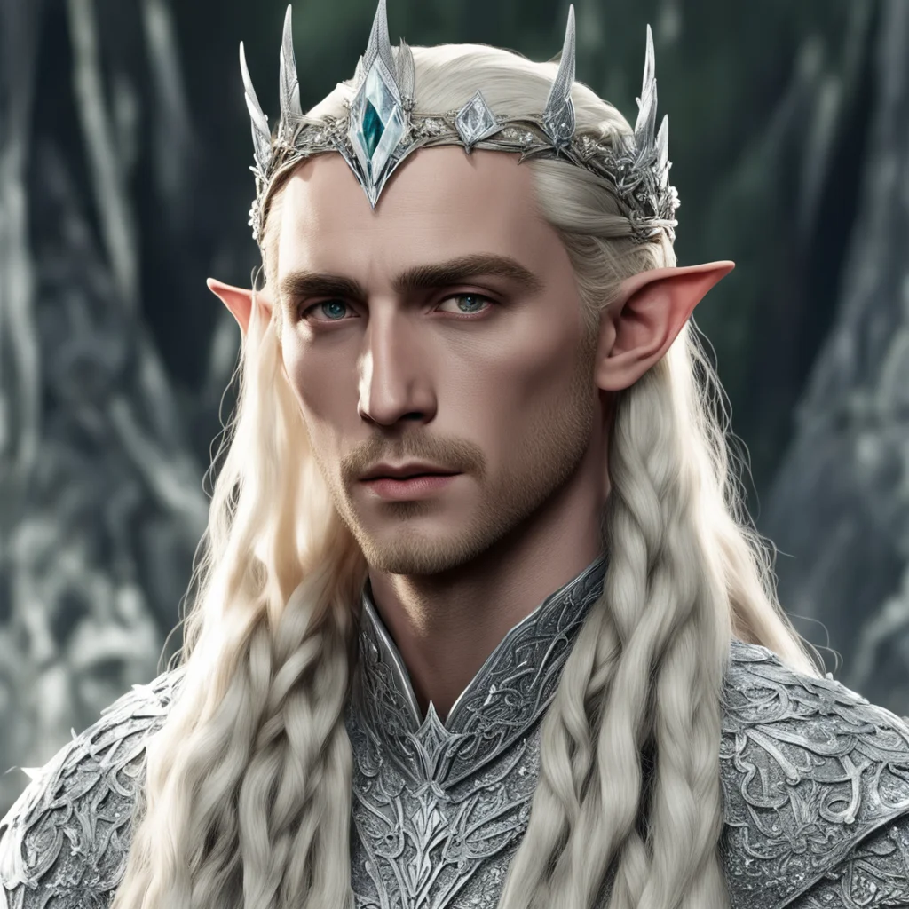 aiking thranduil with blond hair and braids wearing silver laurel circlet encrusted with diamonds and large diamond clusters good looking trending fantastic 1