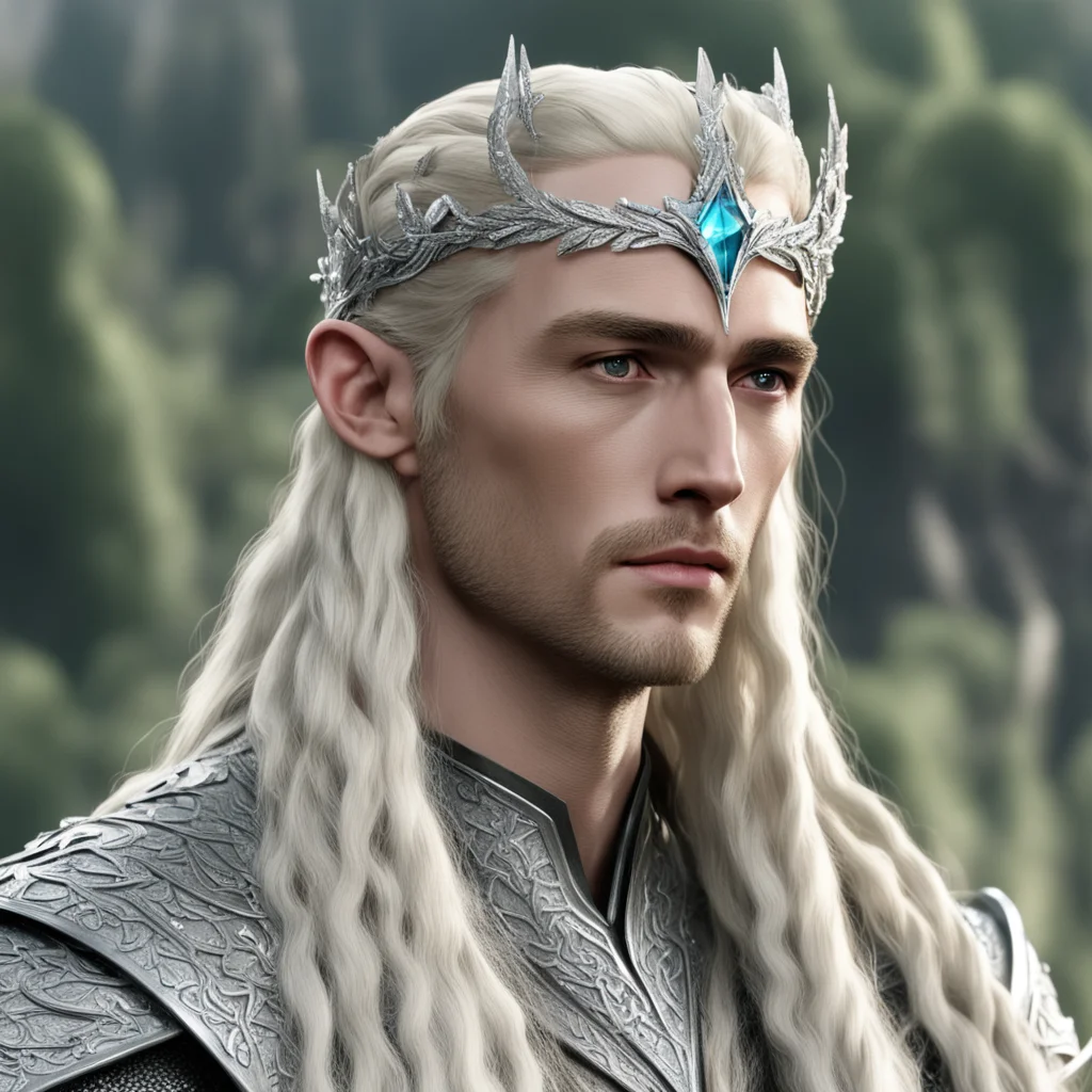 aiking thranduil with blond hair and braids wearing silver laurel circlet encrusted with diamonds and large diamond clusters
