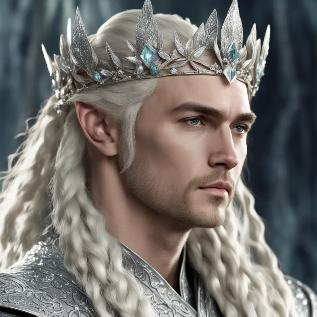 aiking thranduil with blond hair and braids wearing silver laurel crown encrusted with diamonds and large diamond clusters amazing awesome portrait 2