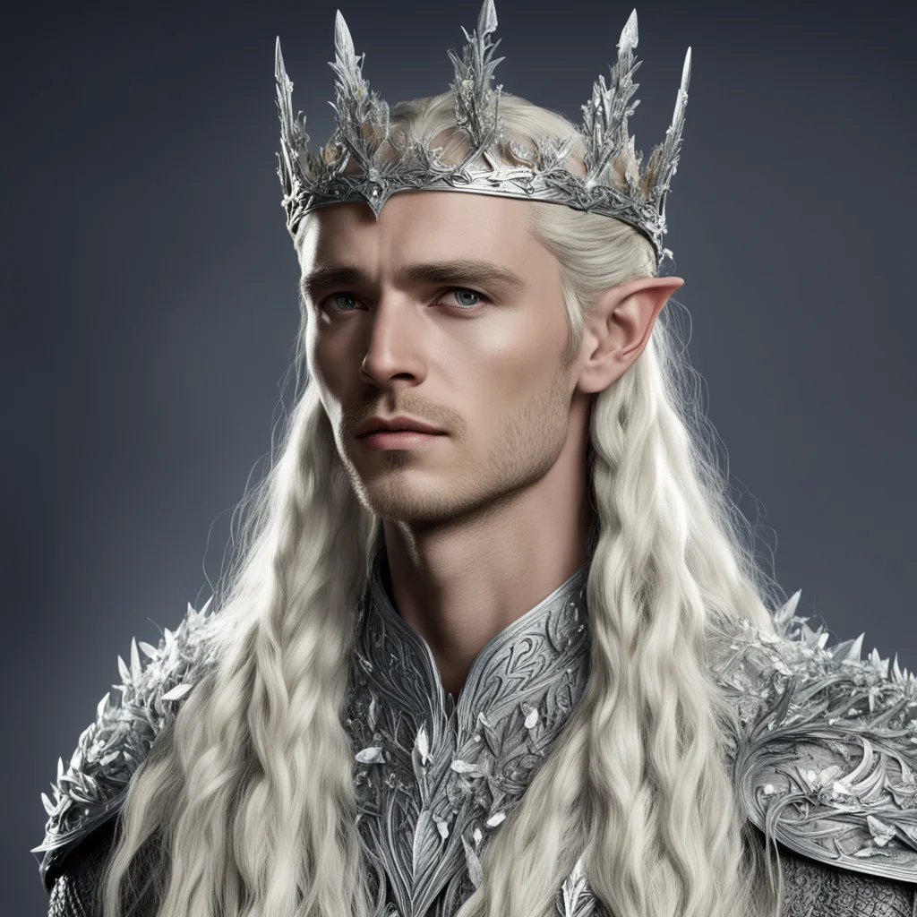 aiking thranduil with blond hair and braids wearing silver laurel crown encrusted with diamonds and large diamond clusters good looking trending fantastic 1