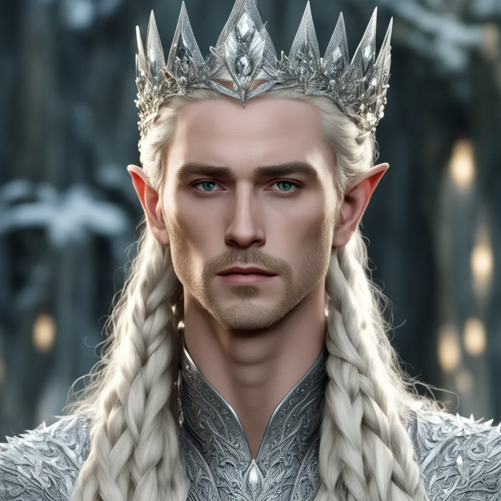 aiking thranduil with blond hair and braids wearing silver laurel crown encrusted with diamonds and large diamond clusters