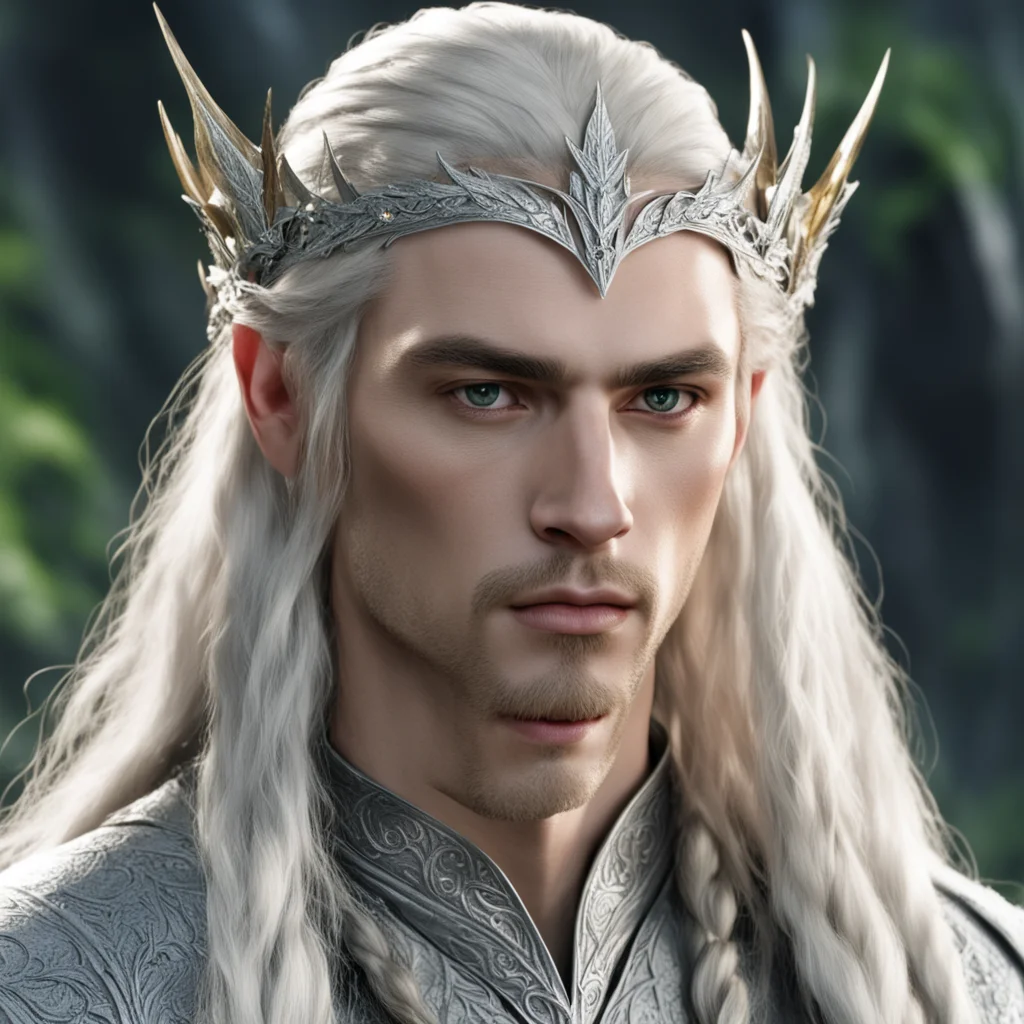 aiking thranduil with blond hair and braids wearing silver laurel leaf and diamond berry and silver elvish circlet with large center diamond amazing awesome portrait 2