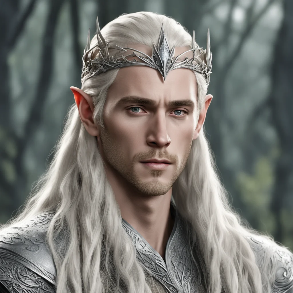 aiking thranduil with blond hair and braids wearing silver laurel leaf and diamond berry and silver elvish circlet with large center diamond confident engaging wow artstation art 3