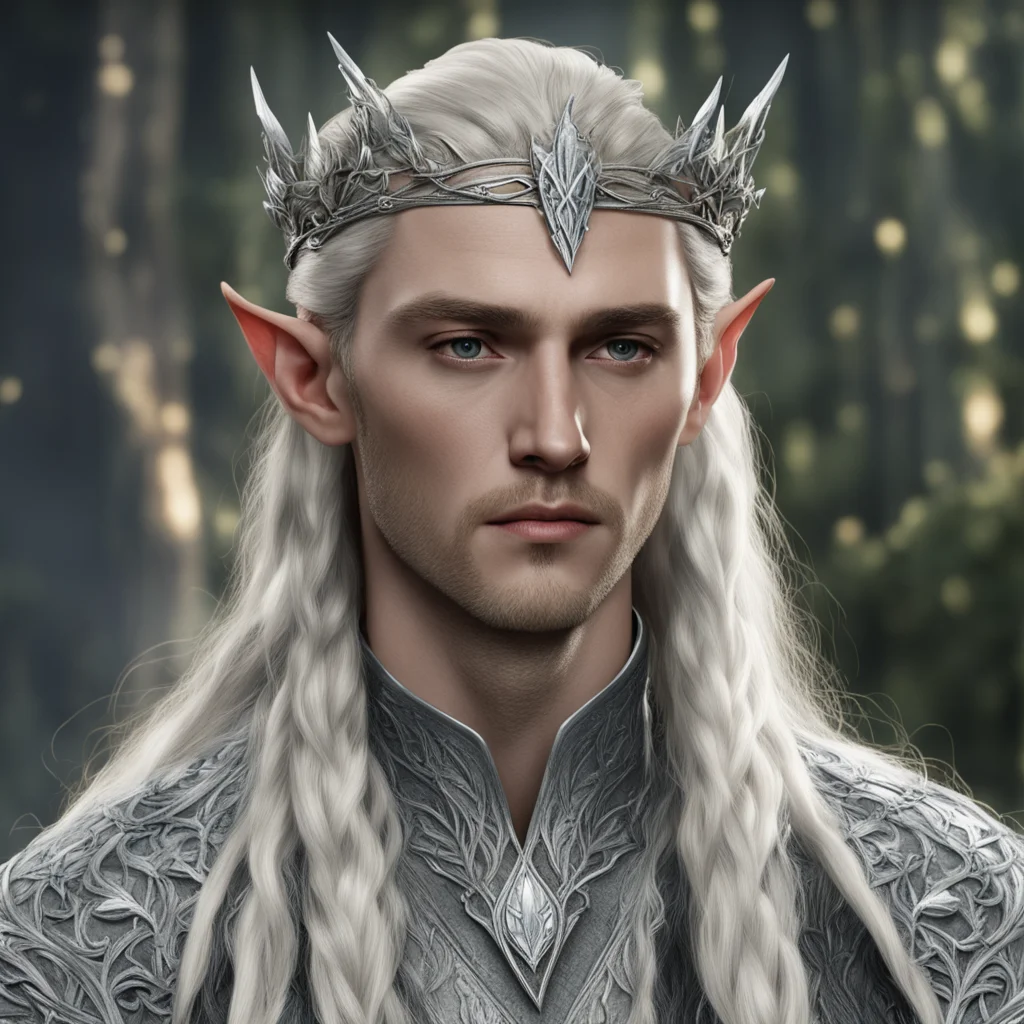 aiking thranduil with blond hair and braids wearing silver laurel leaf and diamond berry and silver elvish circlet with large center diamond good looking trending fantastic 1