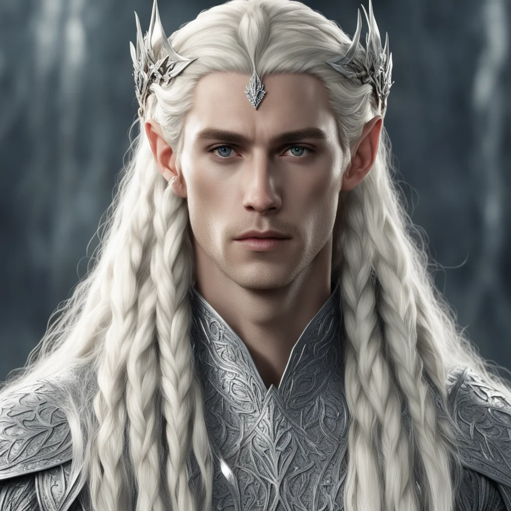 king thranduil with blond hair and braids wearing silver laurel leaf and diamond berry and silver elvish circlet with large center diamond