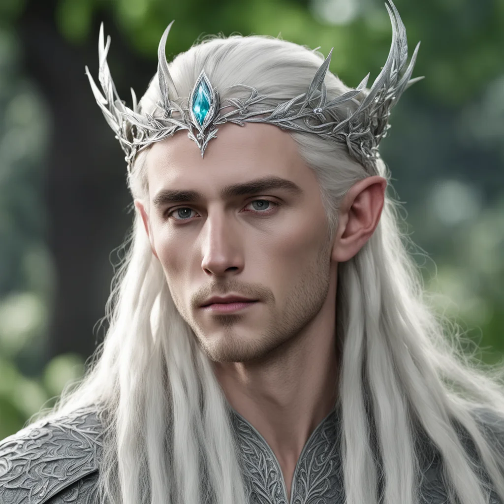 aiking thranduil with blond hair and braids wearing silver laurel leaf and diamond berry silver elvish circlet with large center diamond amazing awesome portrait 2
