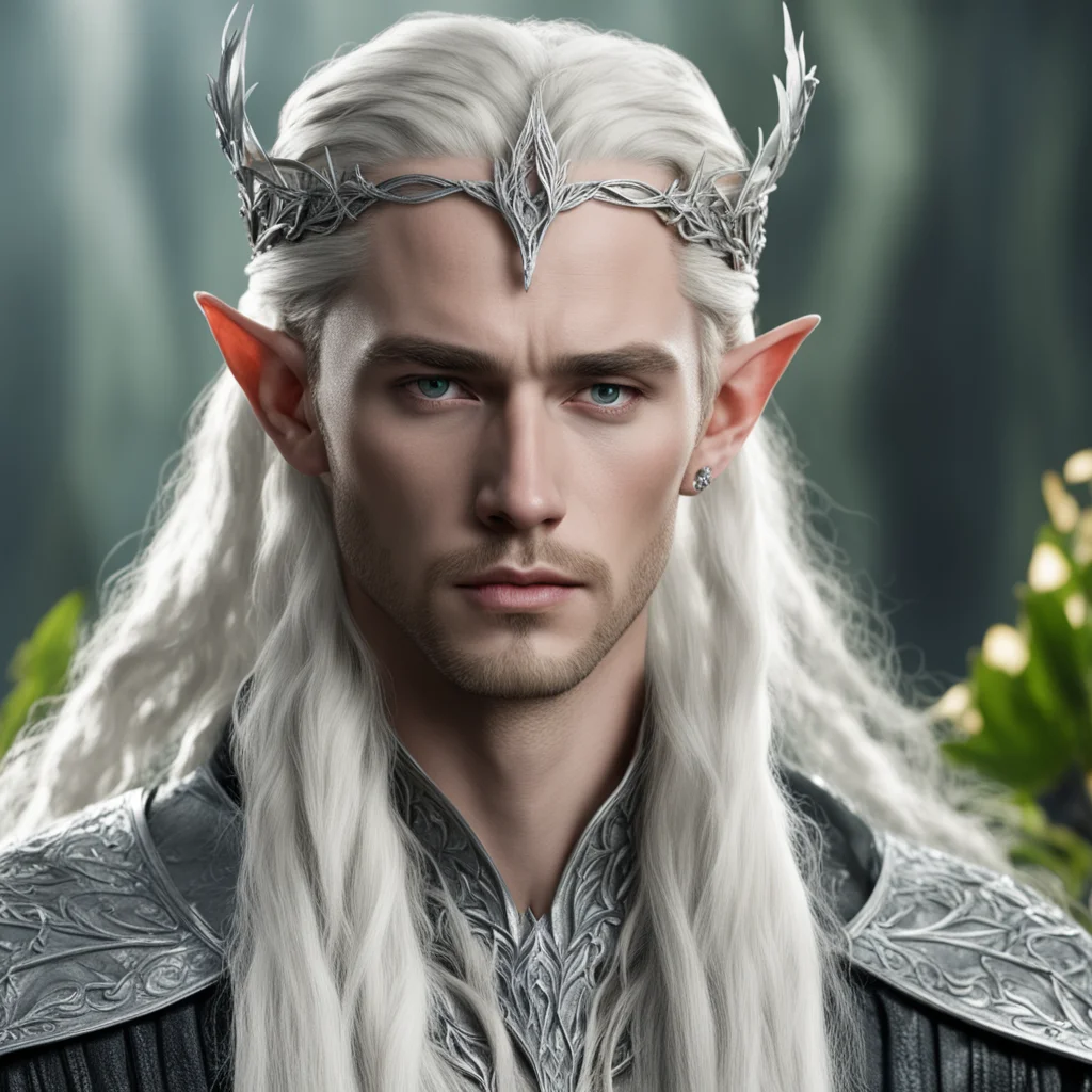 aiking thranduil with blond hair and braids wearing silver laurel leaf and diamond berry silver elvish circlet with large center diamond good looking trending fantastic 1