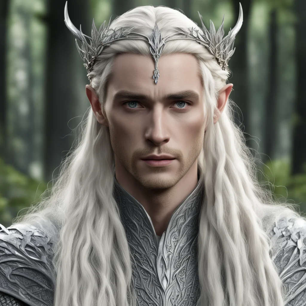 aiking thranduil with blond hair and braids wearing silver laurel leaf and diamond berry silver elvish circlet with large center diamond