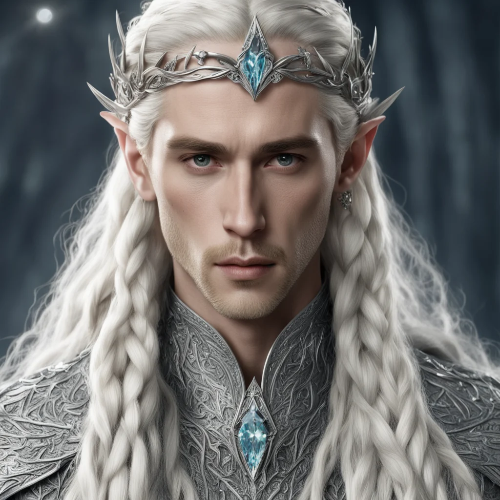 aiking thranduil with blond hair and braids wearing silver laurel leaf and diamond berry with silver elvish circlet encrusted with diamonds with large center diamond amazing awesome portrait 2