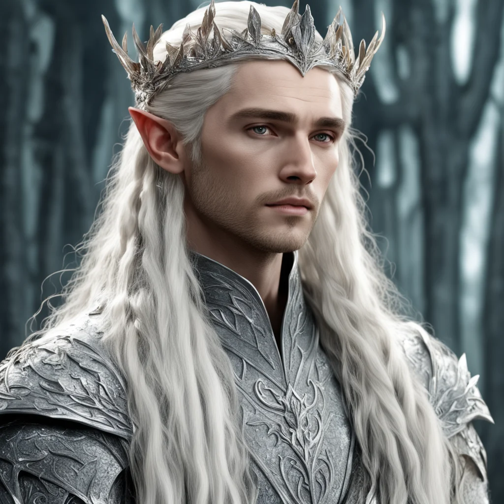 aiking thranduil with blond hair and braids wearing silver laurel leaf and diamond berry with silver elvish circlet encrusted with diamonds with large center diamond