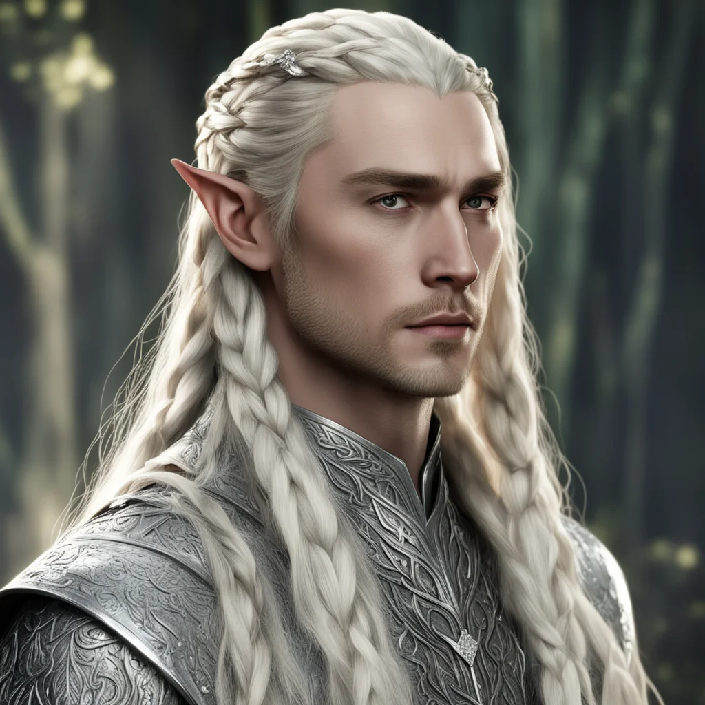 aiking thranduil with blond hair and braids wearing silver laurel leaf and diamond strings in the hair amazing awesome portrait 2