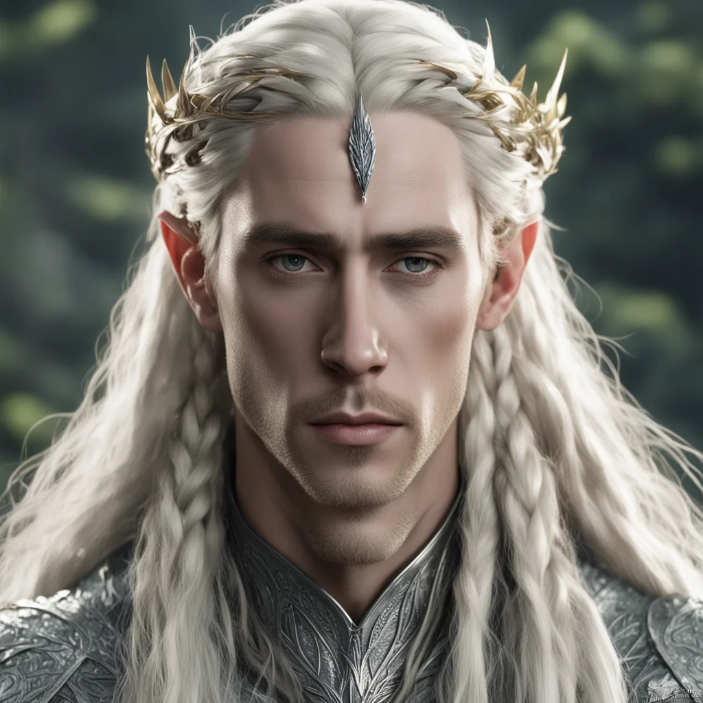 aiking thranduil with blond hair and braids wearing silver laurel leaf and diamond strings in the hair confident engaging wow artstation art 3