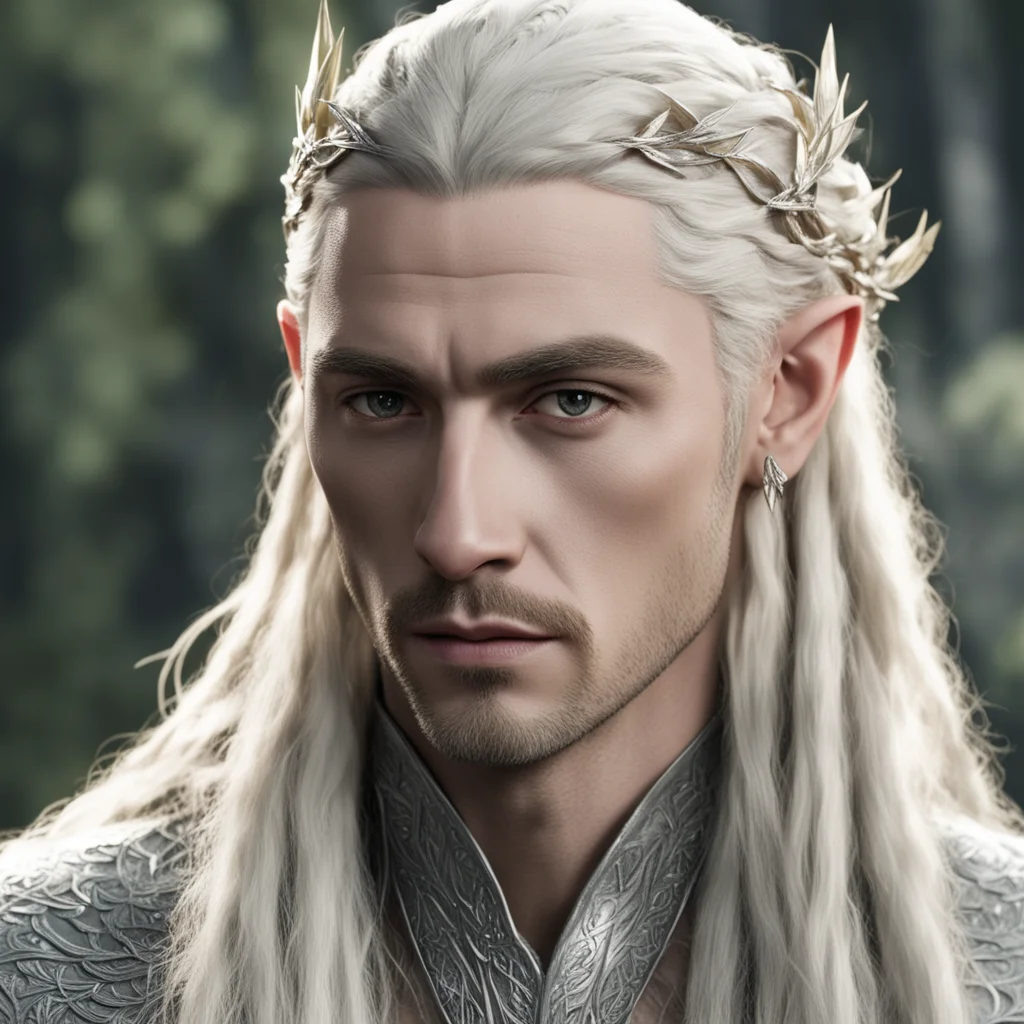 aiking thranduil with blond hair and braids wearing silver laurel leaf and diamond strings in the hair good looking trending fantastic 1