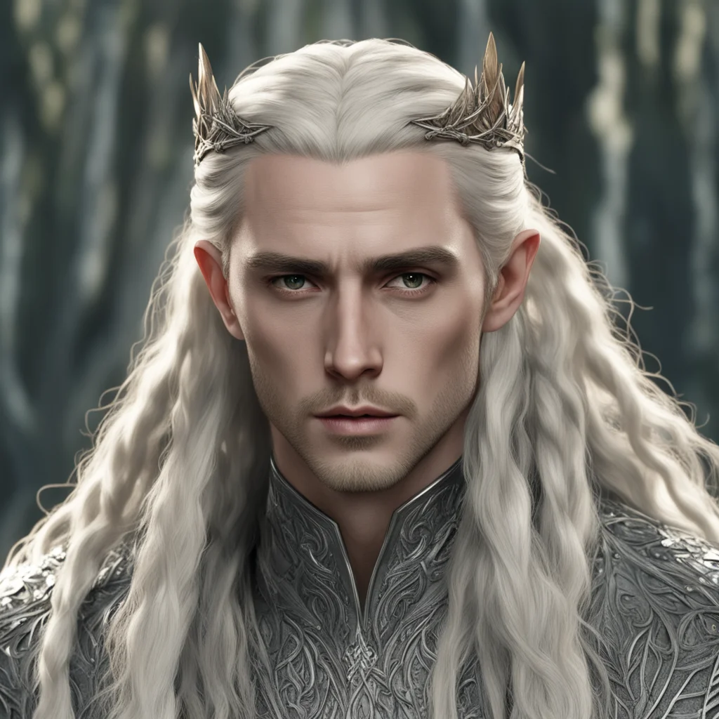 aiking thranduil with blond hair and braids wearing silver laurel leaf and diamond strings in the hair