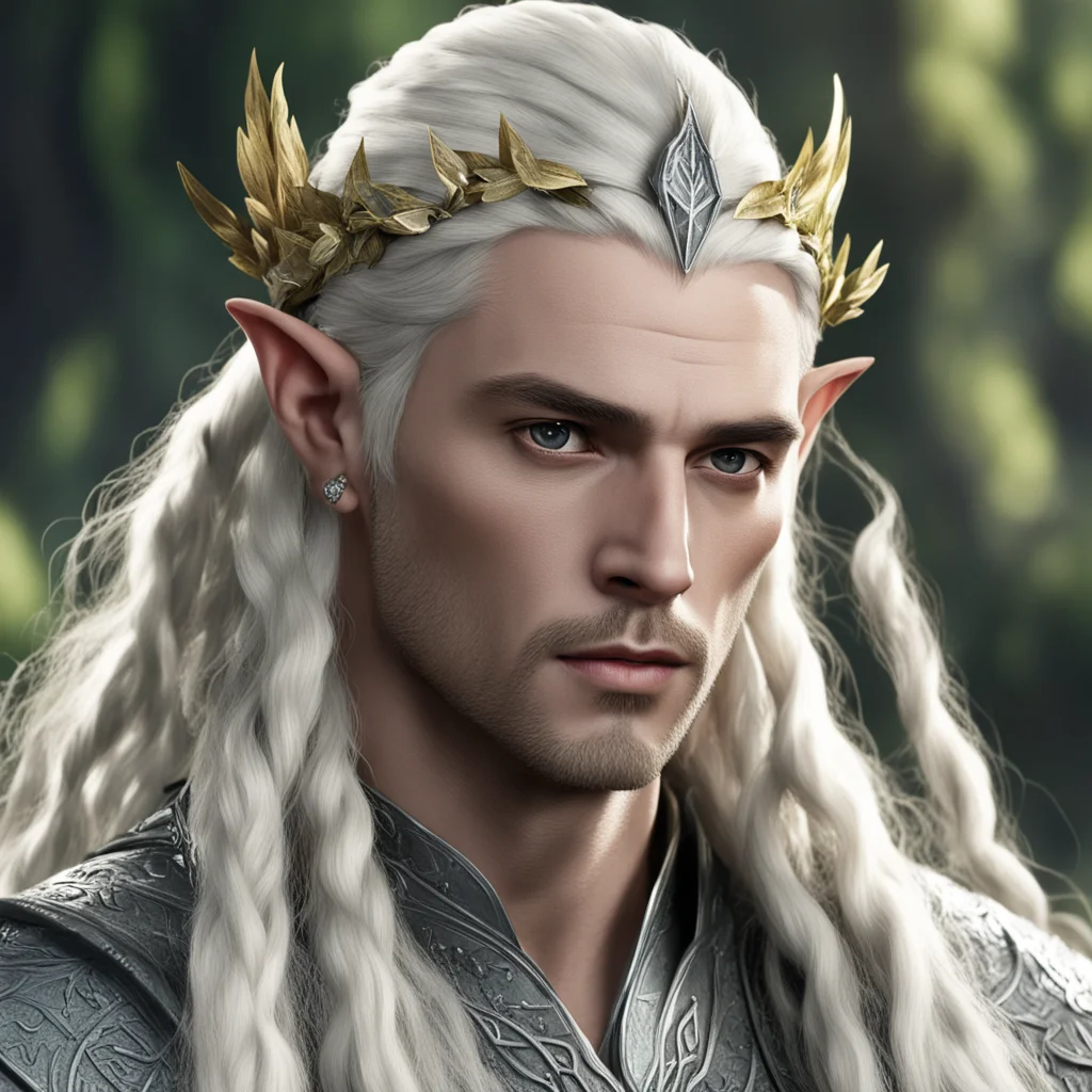 aiking thranduil with blond hair and braids wearing silver laurel leaf and large diamond berries in hair confident engaging wow artstation art 3