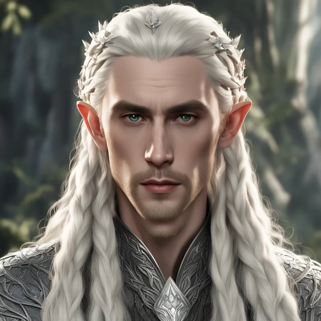 aiking thranduil with blond hair and braids wearing silver laurel leaf and large diamond berries in hair