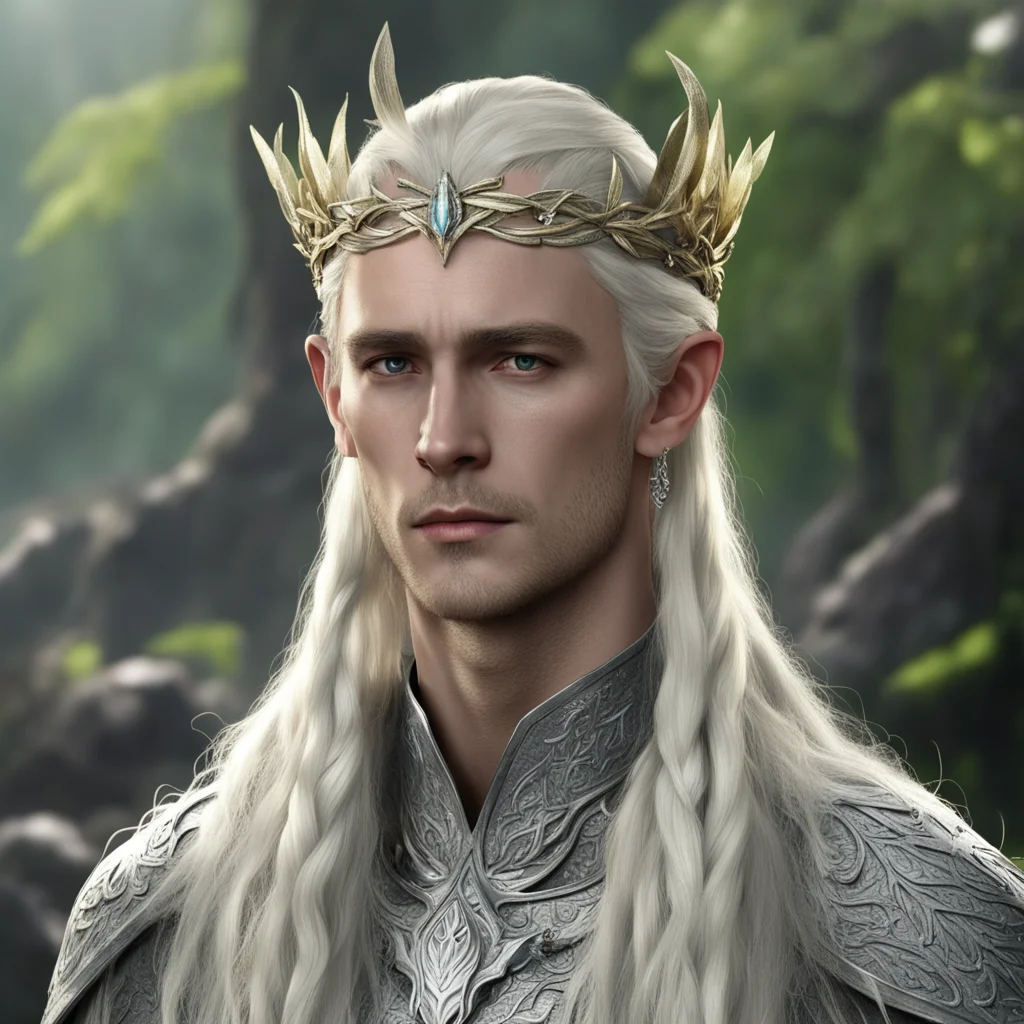king thranduil with blond hair and braids wearing silver laurel leaf circlet with diamond berry on head confident engaging wow artstation art 3