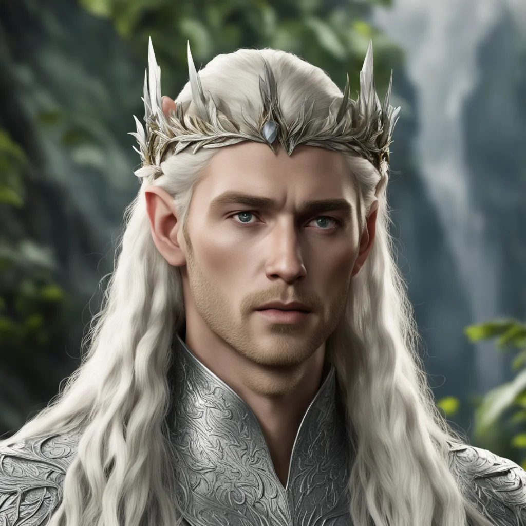 aiking thranduil with blond hair and braids wearing silver laurel leaf circlet with diamond berry on head good looking trending fantastic 1