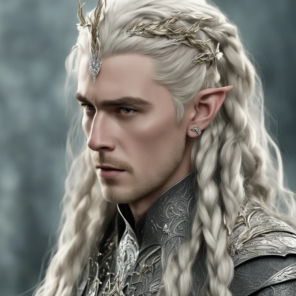 aiking thranduil with blond hair and braids wearing silver laurel leaf elvish hair forks encrusted with diamonds amazing awesome portrait 2