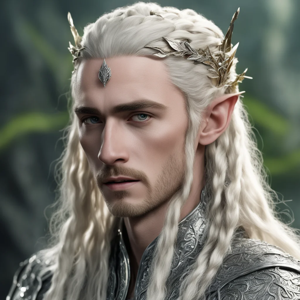 aiking thranduil with blond hair and braids wearing silver laurel leaf elvish hair forks encrusted with diamonds good looking trending fantastic 1