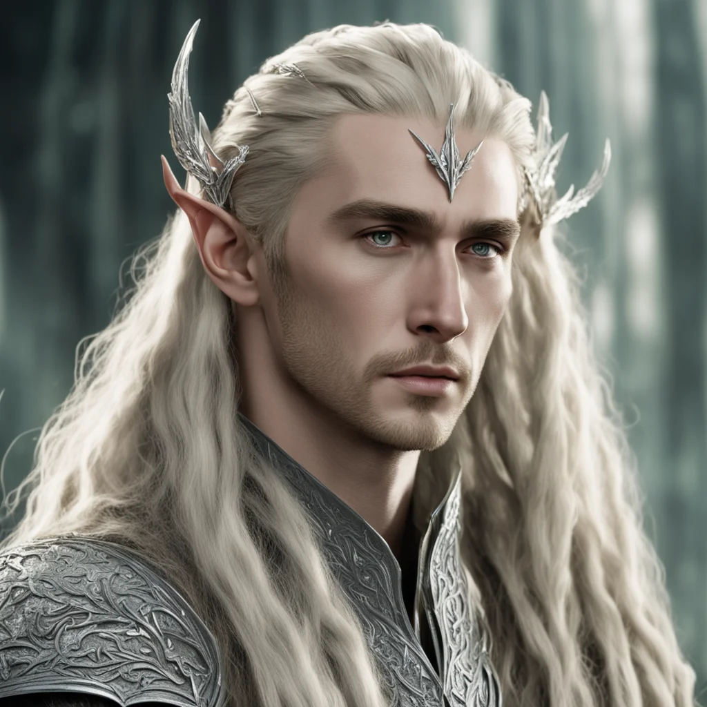 aiking thranduil with blond hair and braids wearing silver laurel leaf elvish hair forks encrusted with diamonds