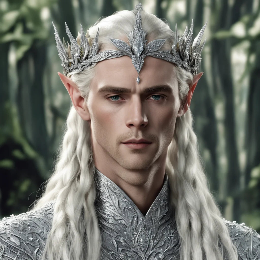 king thranduil with blond hair and braids wearing silver laurel leaf encrusted with diamonds and clusters of large diamonds forming a silver elvish circlet with large center diamond good looking tre