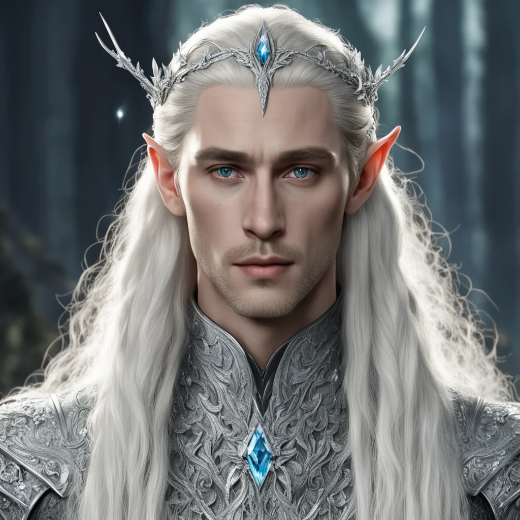 king thranduil with blond hair and braids wearing silver laurel leaf encrusted with diamonds and clusters of large diamonds forming a silver elvish circlet with large center diamond
