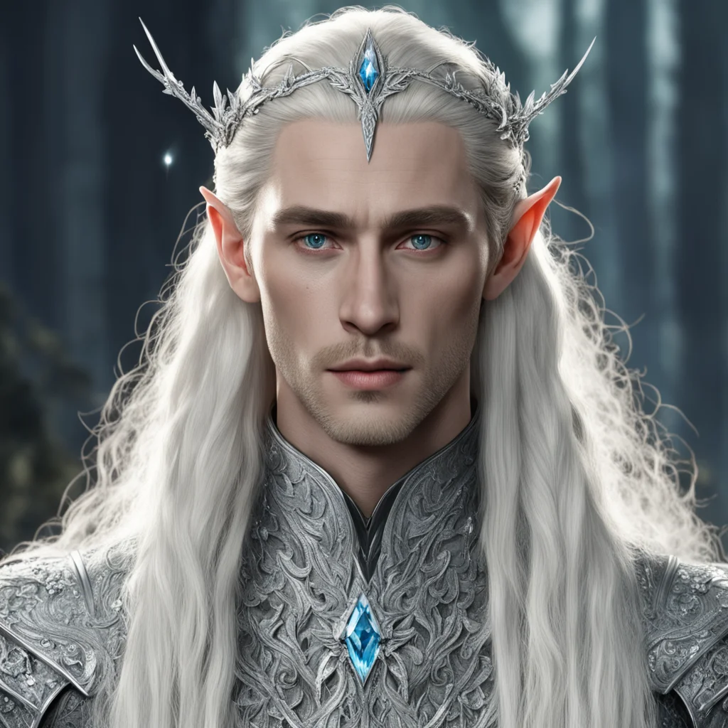 aiking thranduil with blond hair and braids wearing silver laurel leaf encrusted with diamonds and clusters of large diamonds forming a silver elvish circlet with large center diamond