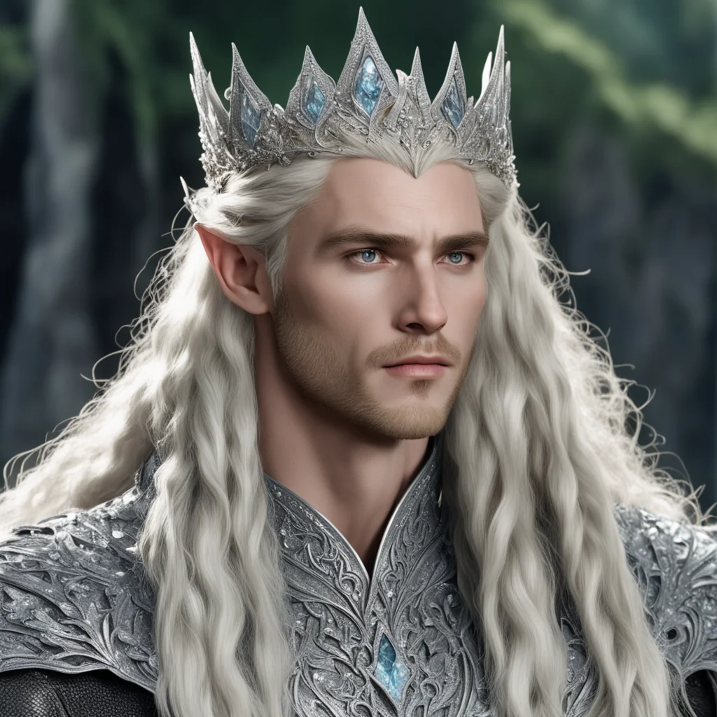 king thranduil with blond hair and braids wearing silver laurel leaf encrusted with diamonds and clusters of large diamonds forming a silver elvish coronet with large center diamond amazing awesome 